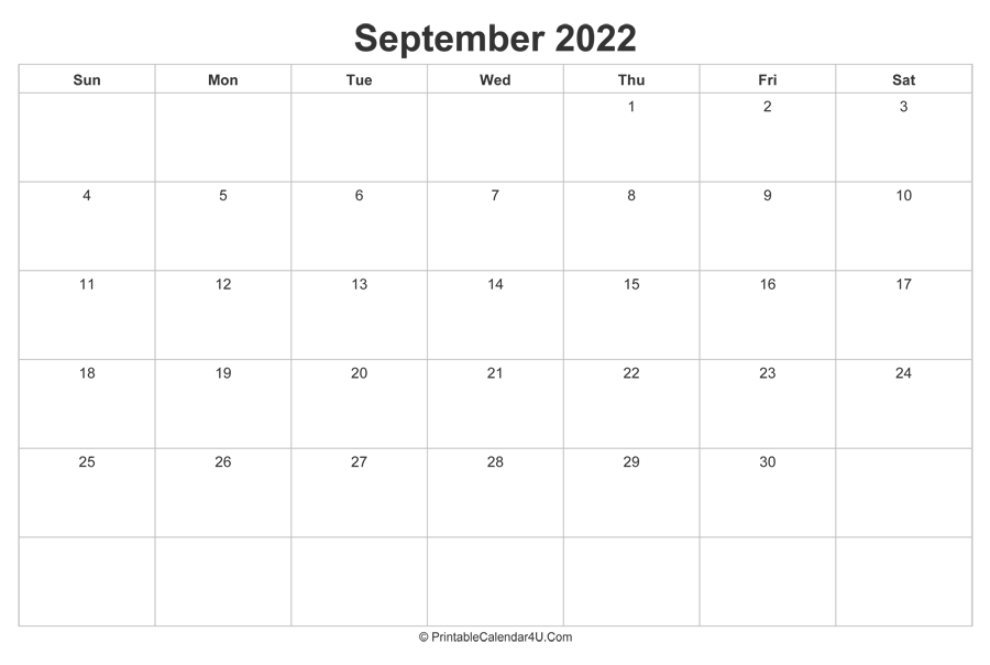 September 2022 Calendar Printable Landscape Layout 