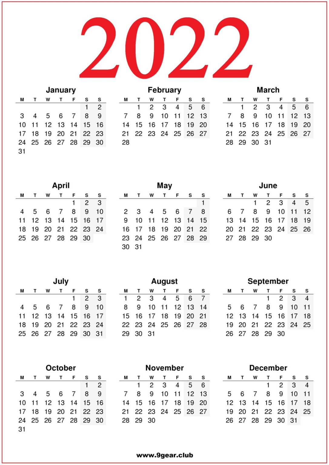printable 2022 monthly calendar