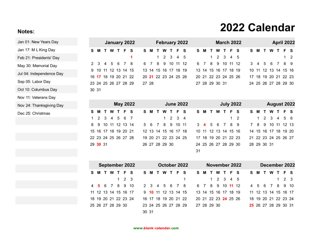 Yearly Calendar 2022 Free Download And Print