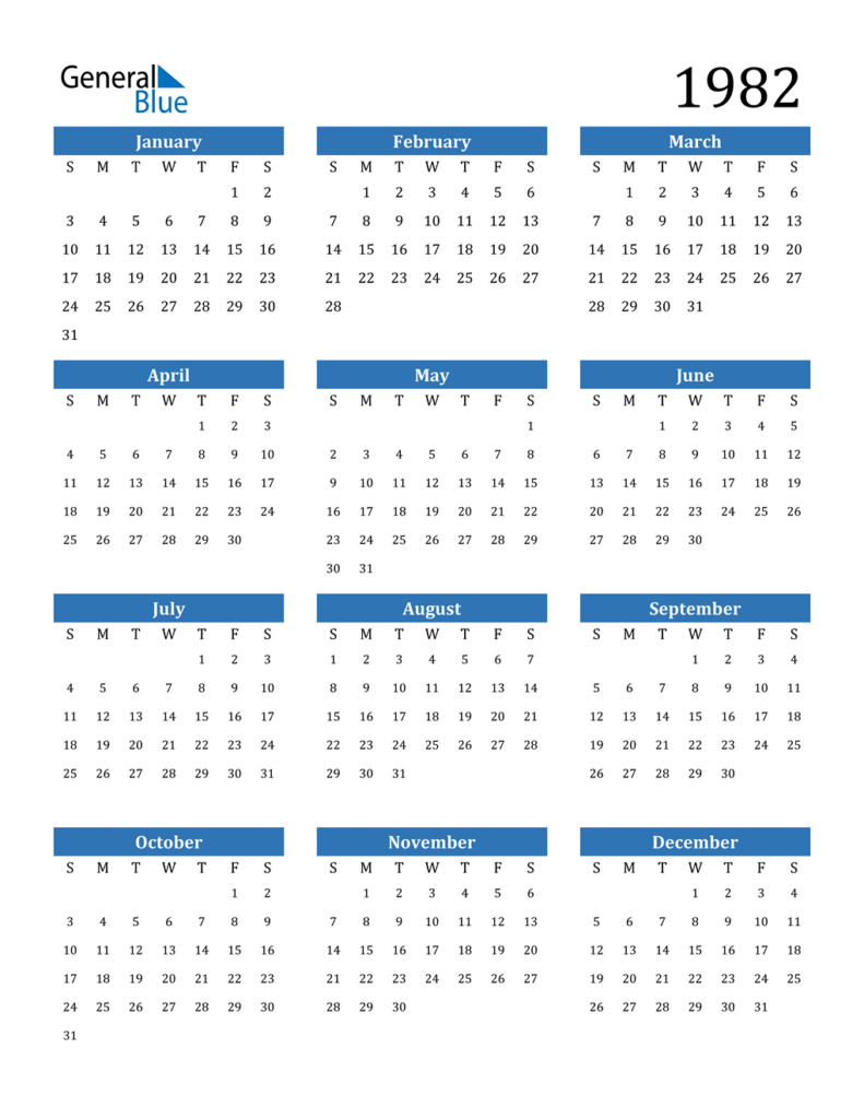 1982 Yearly Calendar With Holidays - YearlyCalendars.net