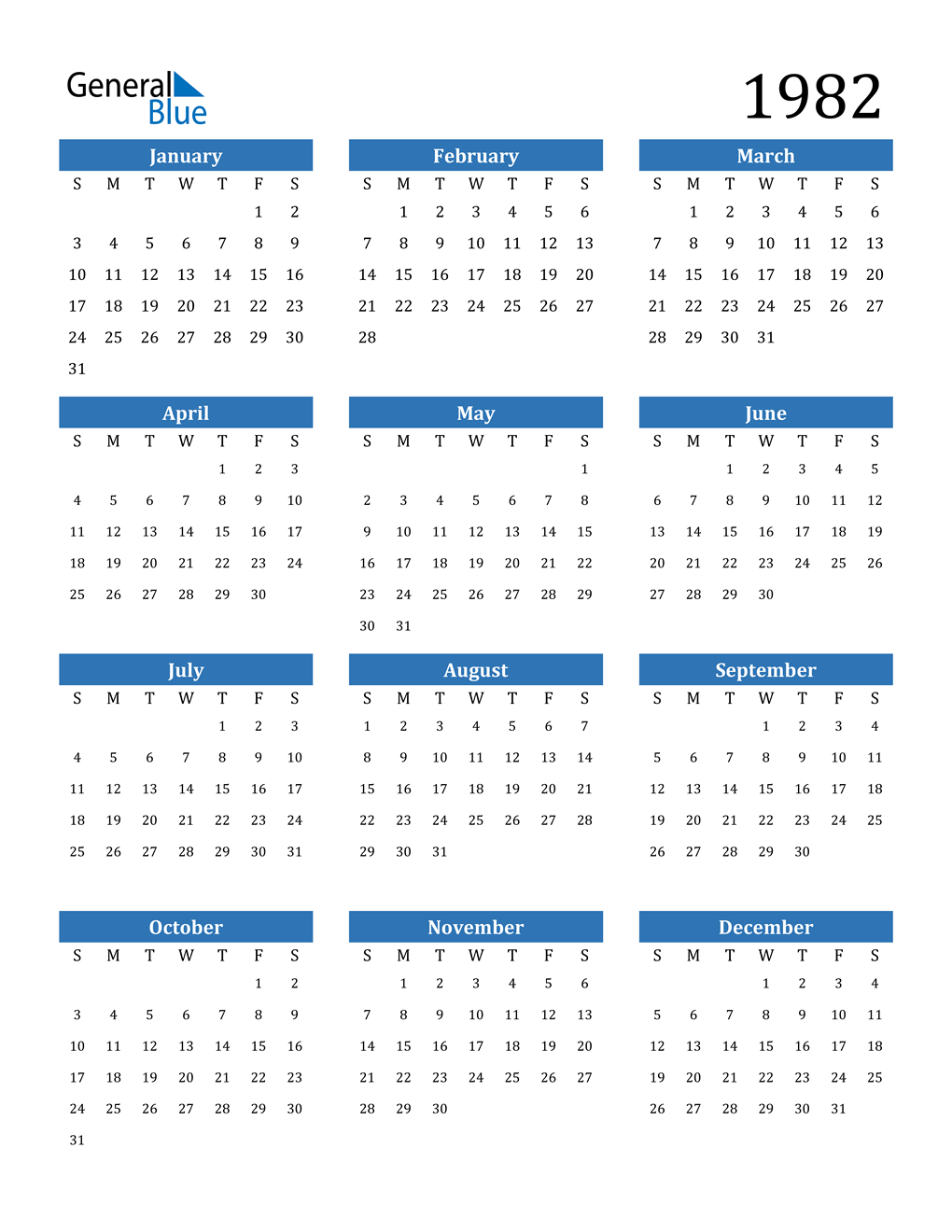 1982 Yearly Calendar With Holidays - YearlyCalendars.net