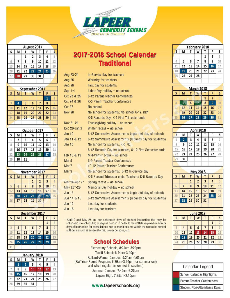 2017 2018 Traditional School Calendar Lapeer Community Schools 