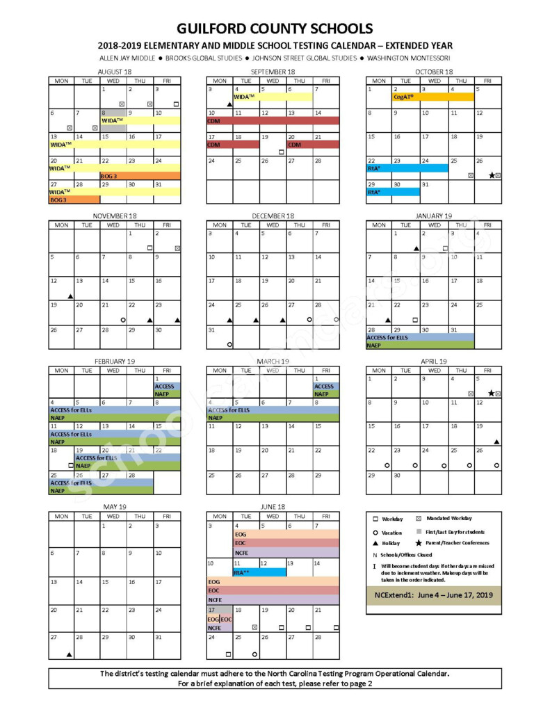 2018 2019 Elementary Middle School Testing Calendar Extended Year 