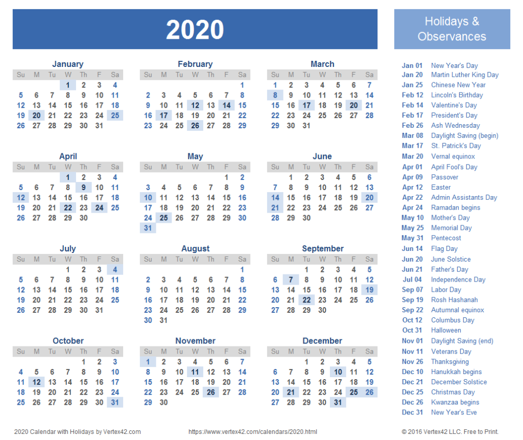 2020 Calendar Templates And Images