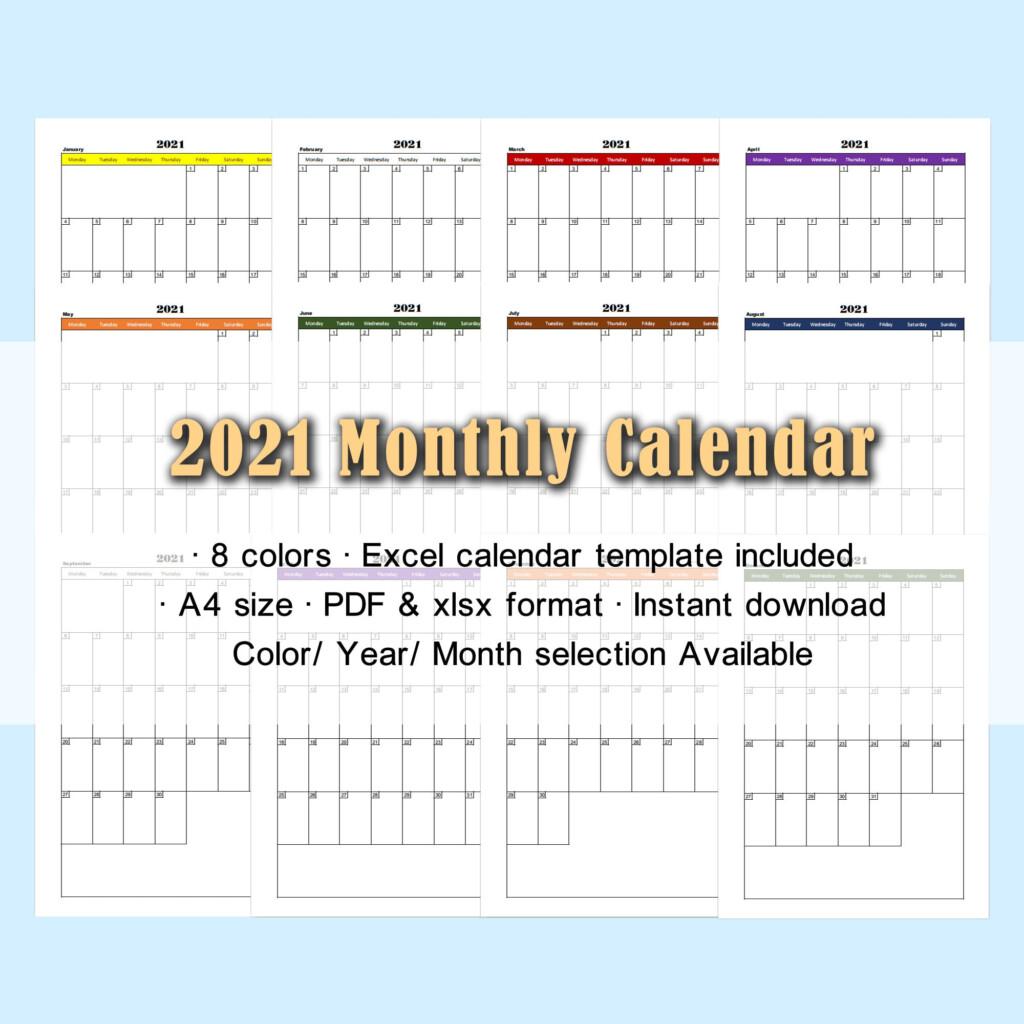2021 Monthly Calendar Weekly Schedule Planner Multi Year 8 color 