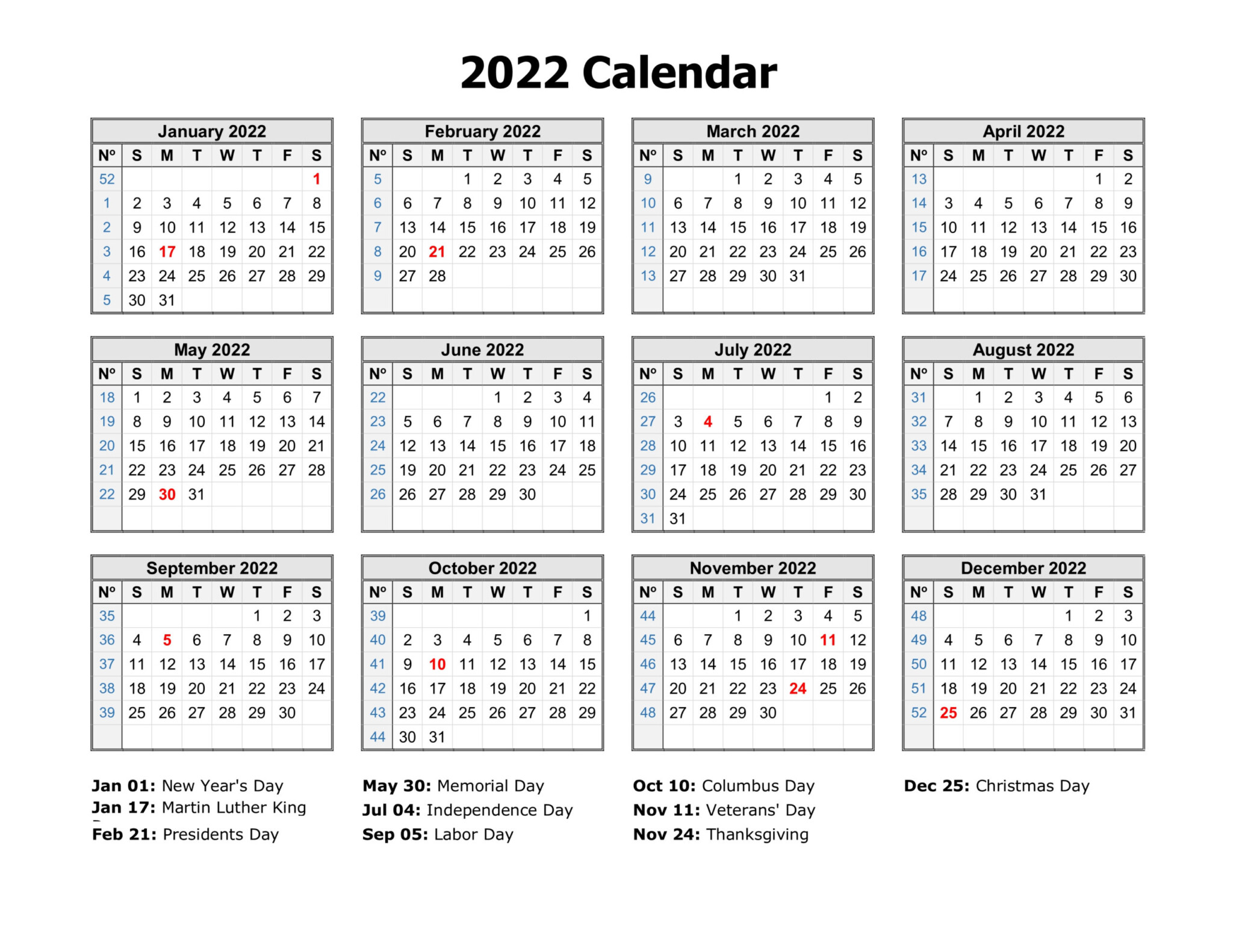 Year Calendar On One Page Printable - YearlyCalendars.net