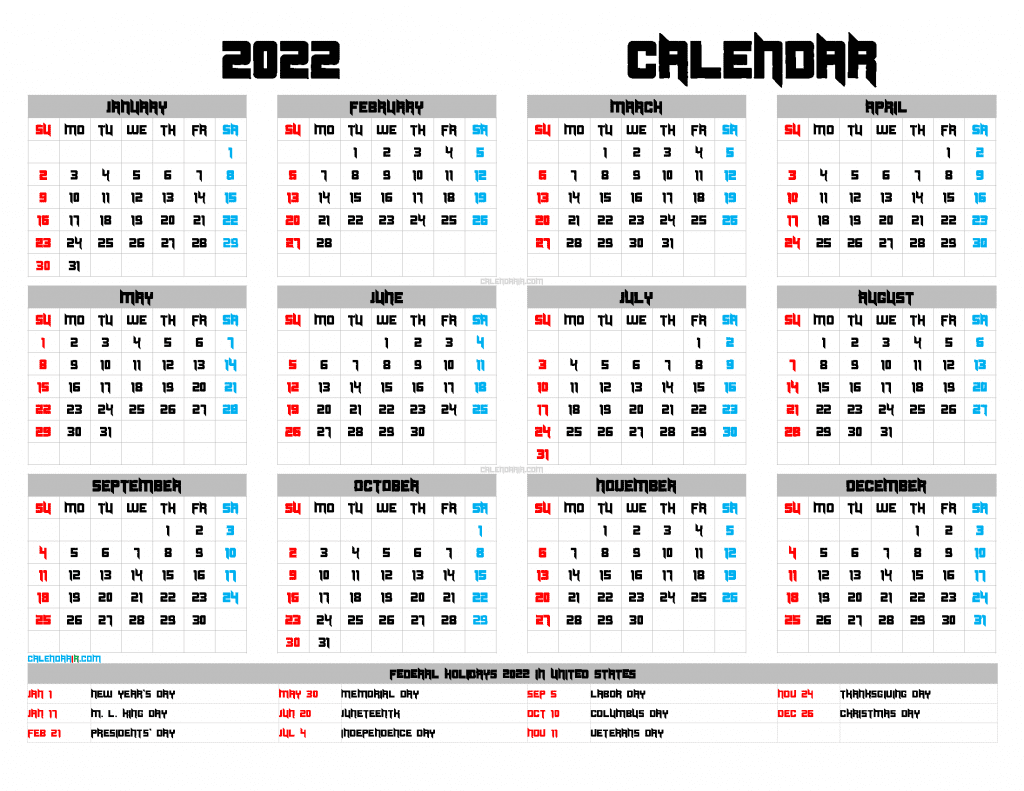 2022 United States Calendar With Holidays Year 2022 Calendar 