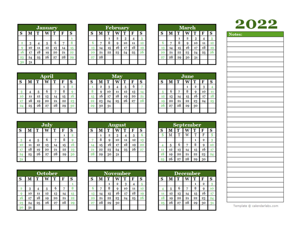 2022 Yearly Calendar With Blank Notes Free Printable Templates 2022 