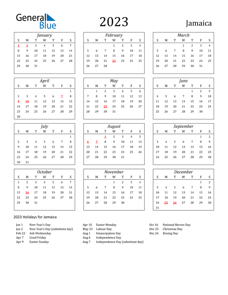 2023 Jamaica Calendar With Holidays