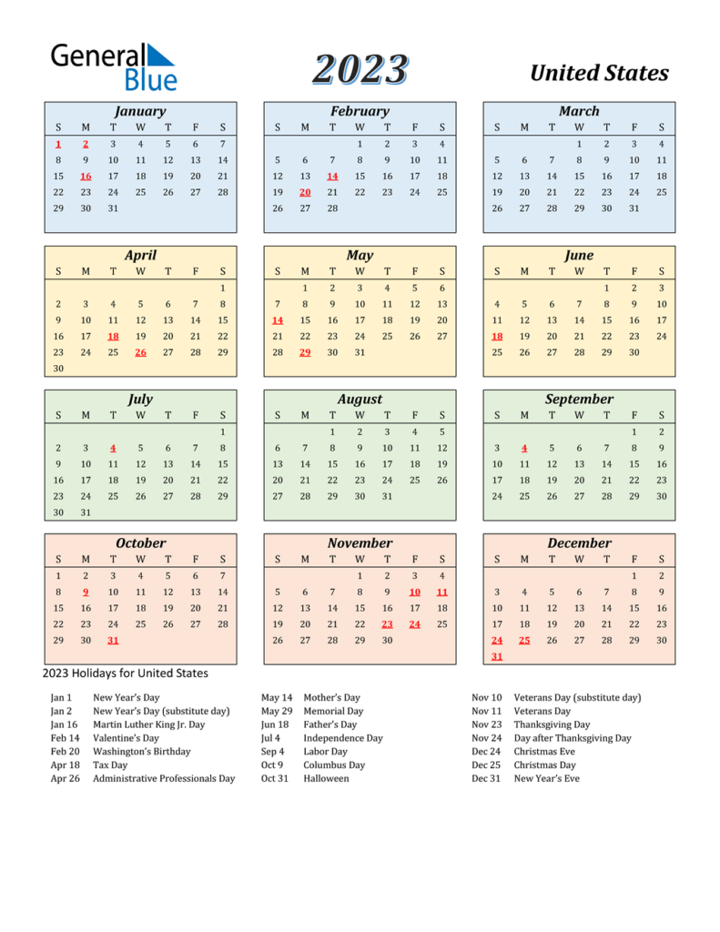 2023 Printable Calendar With Holidays 2023 United States Calendar 