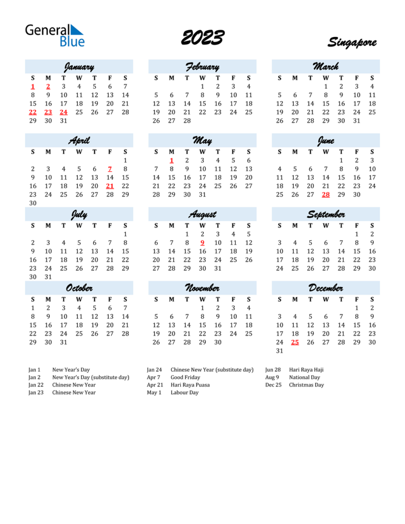 2023 Singapore Annual Calendar With Holidays Free Printable Templates 