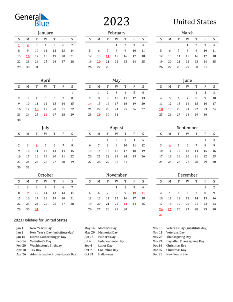 2023 United States Calendar With Holidays 2023 Calendar Templates And 