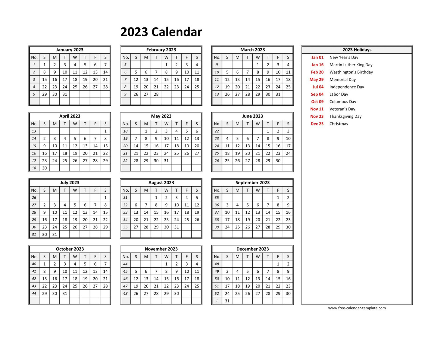 Free 2024 Printable Yearly Calendar With Holidays