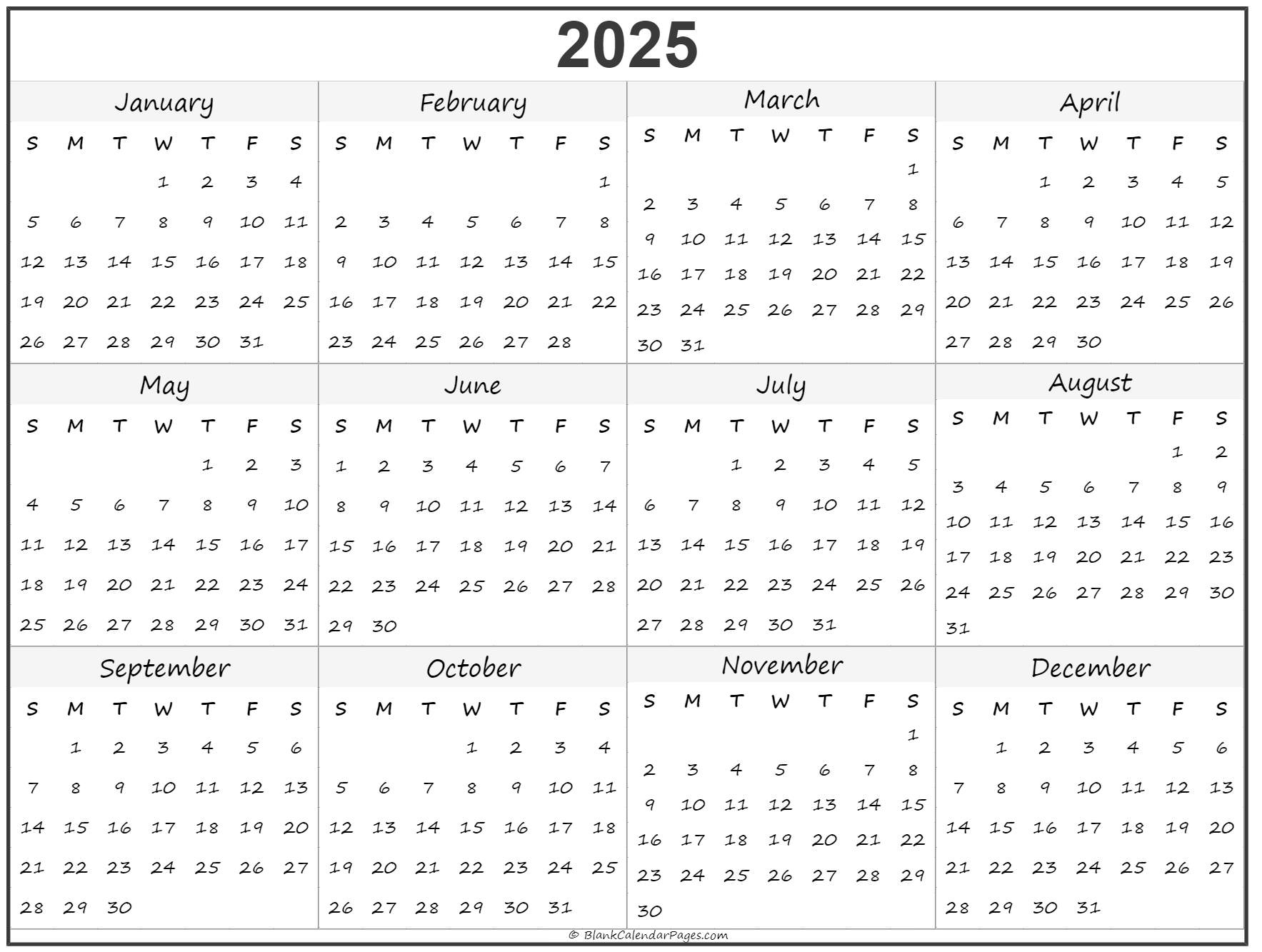 Printable Yearly Calendar 2025 YearlyCalendars