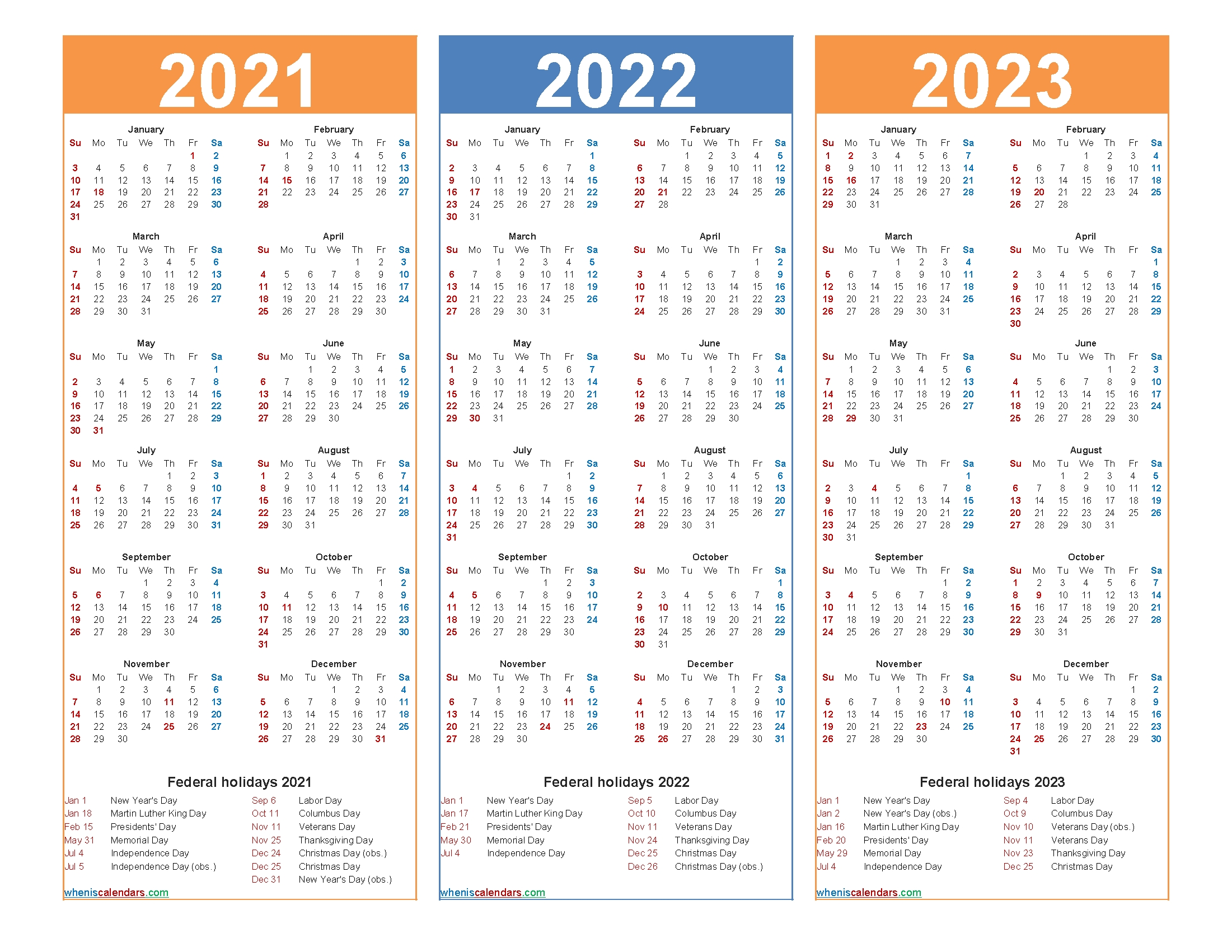 3 Year Calendar 2021 To 2023 Calendar Template Printable