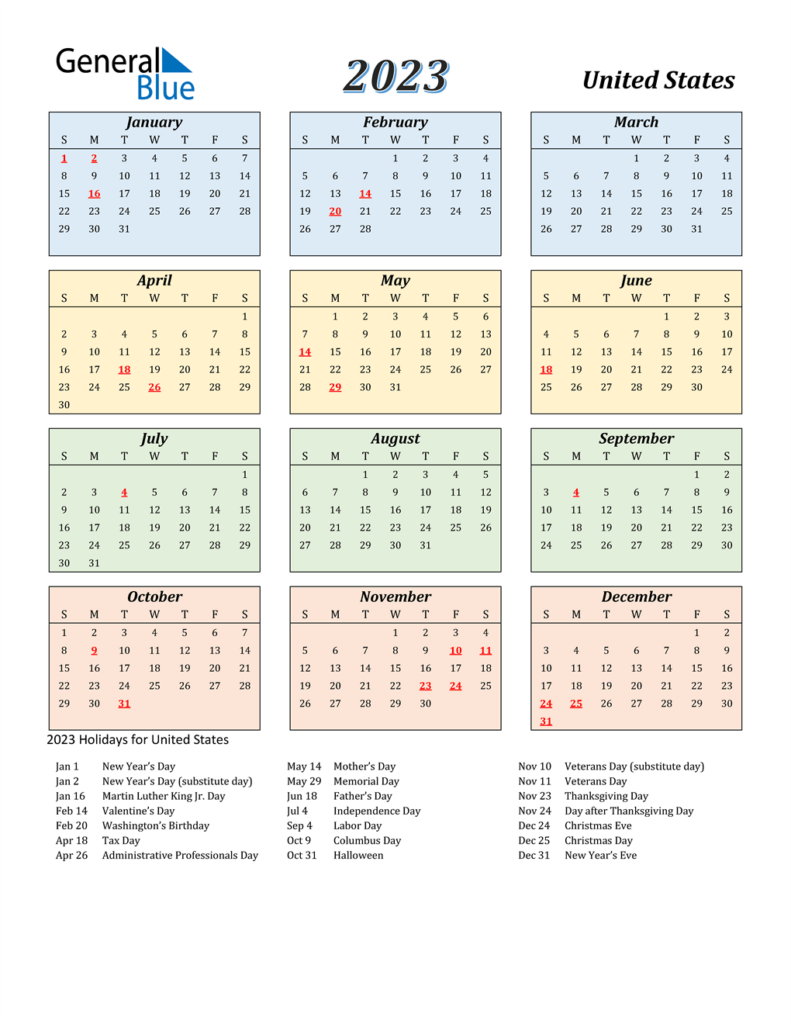 Best 2023 Calendar Usa Images Calendar With Holidays Printable 2023