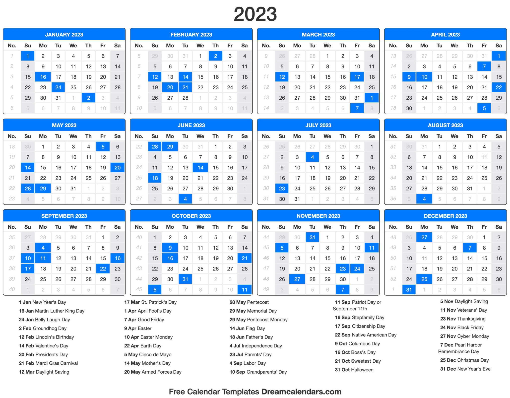 2023 Calendar Year Holiday Schedule