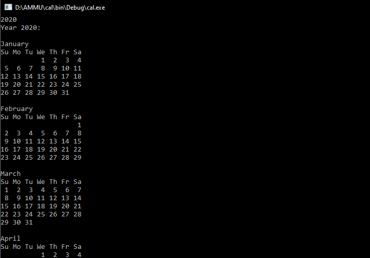 C Program To Display Month By Month Calendar For A Given Year