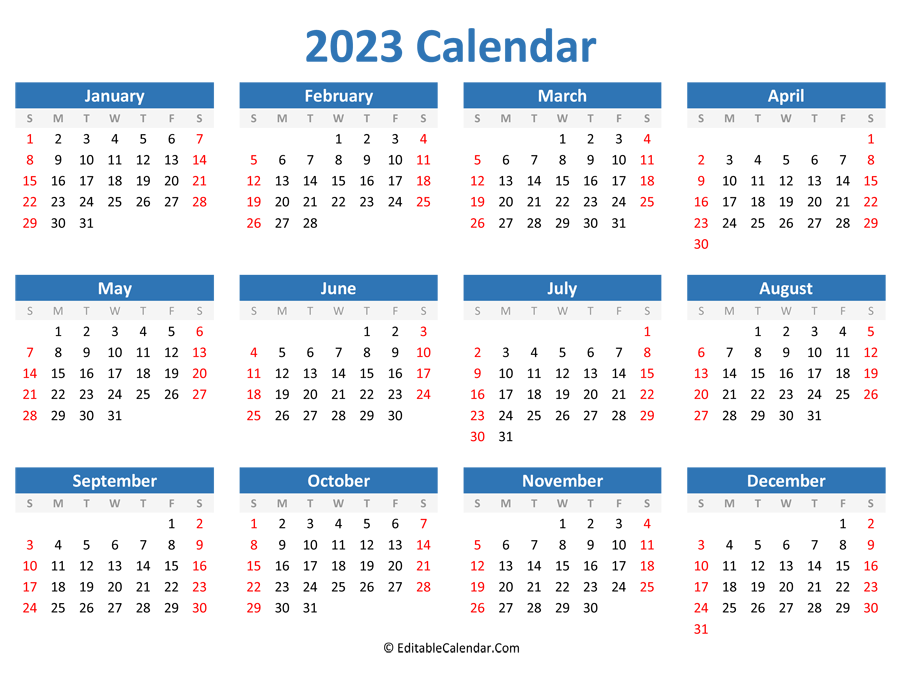 Calendario 2023 Editable Calendario Gratis - YearlyCalendars.net