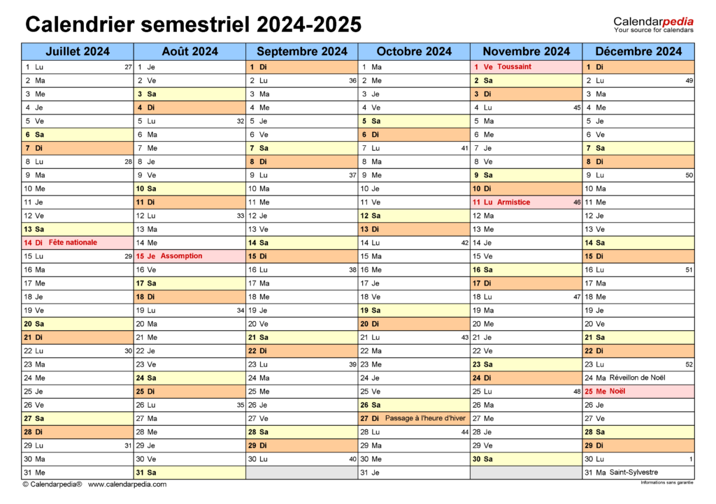 Calendrier Semestriel 2024 2025 Excel Word Et PDF
