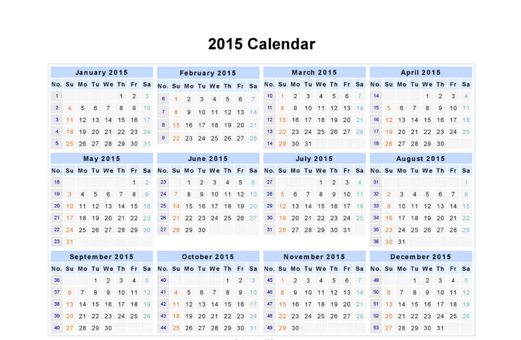Day weekly Monthly Calendar Of Year 2015 Printable Calendar Template 