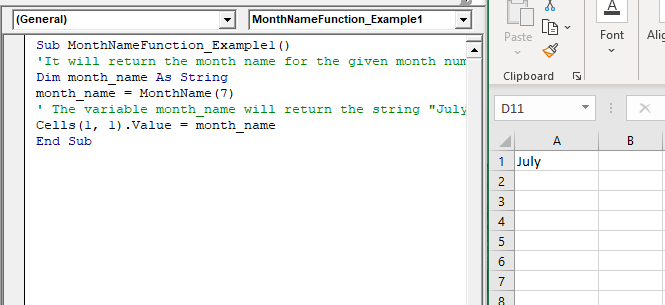 Excel VBA MonthName Function