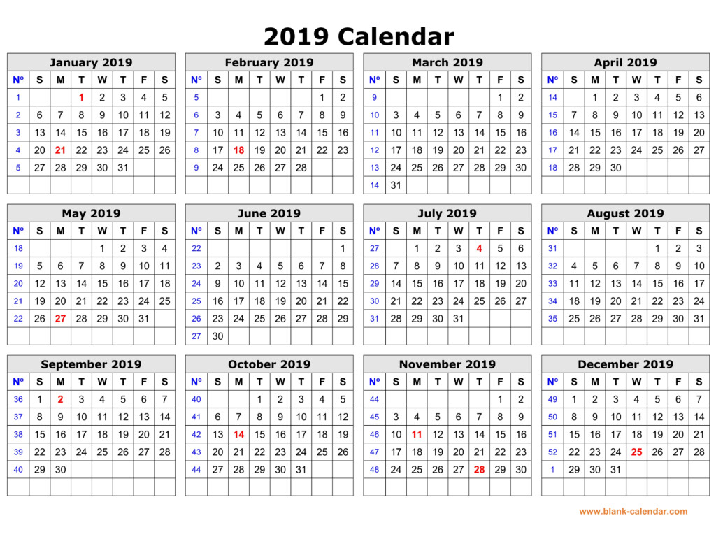 Free Download Printable Calendar 2019 In One Page Clean Design 