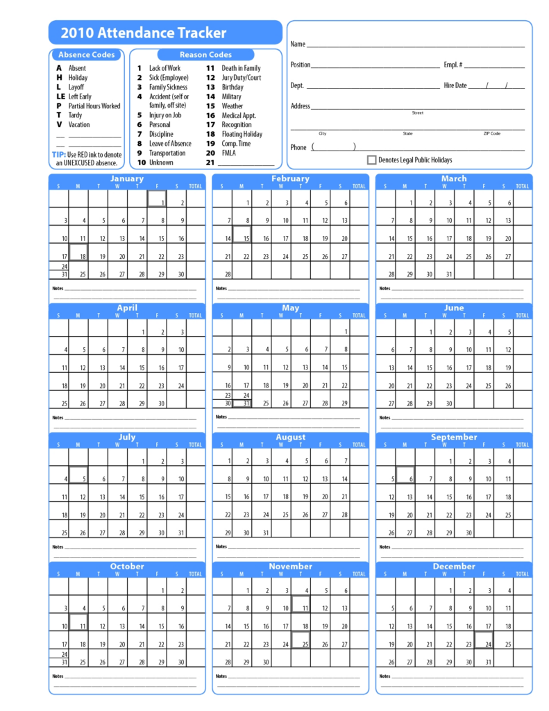 Free Employee Attendance 2020 Templates Calendar Template Printable
