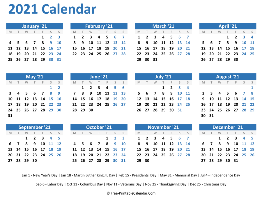 Free Full Year Printable Calendar 2021 Template Calendar Design