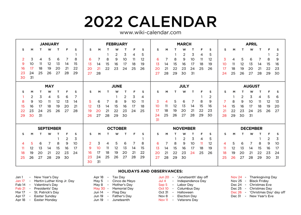Free Printable 2022 Monthly Calendar With Holidays Pdf Png 2022 