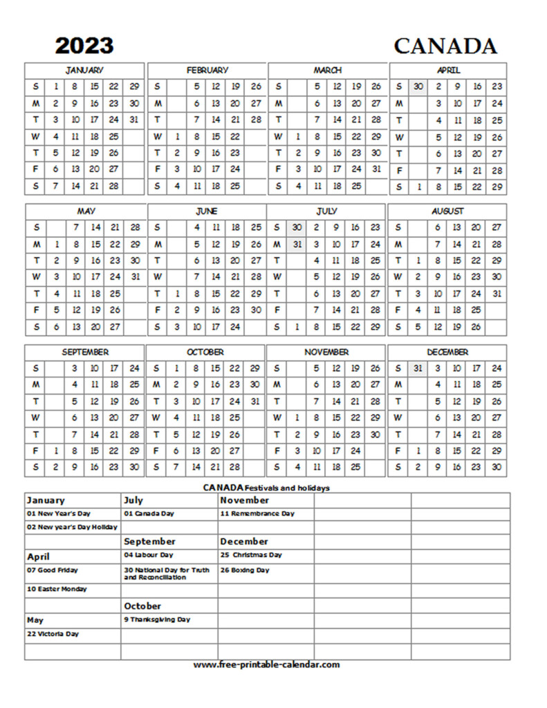 Free Printable Calendar 2023 Canada