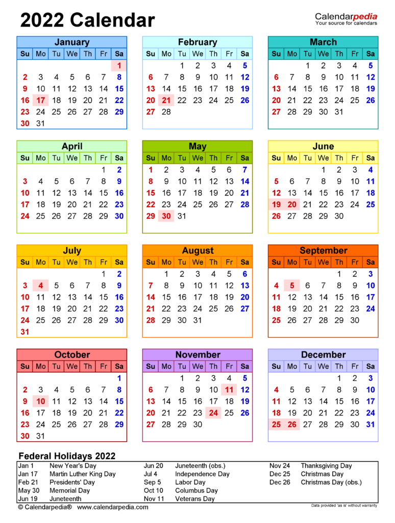 Full Year Calendar 2022