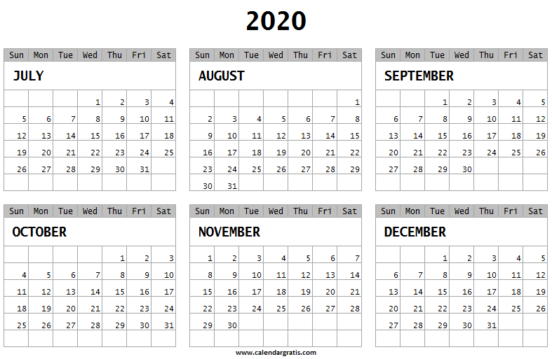 Half Yearly Calendar 2020 July To December Printable Calendar Template