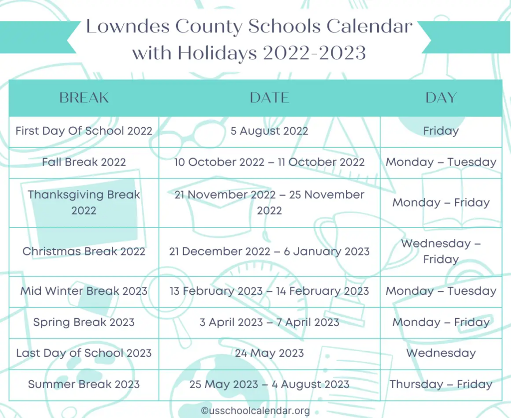 Lowndes County Schools Calendar With Holidays 2022 2023