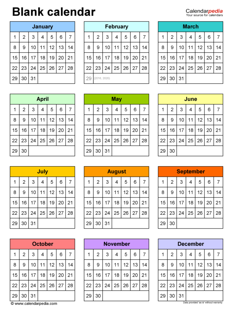 Full Page Printable Year Calendar