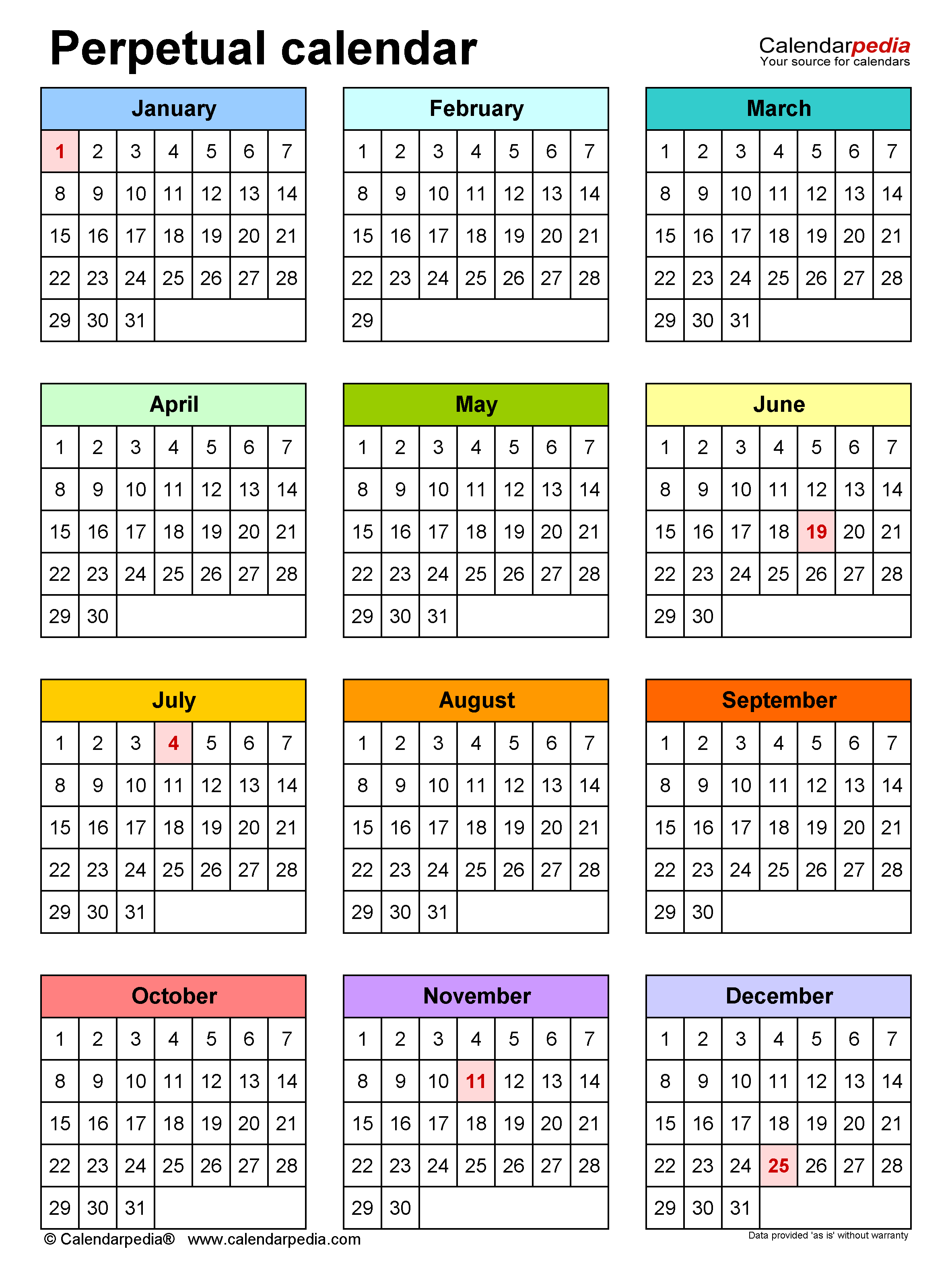 Perpetual Calendars Free Printable PDF Templates - YearlyCalendars.net