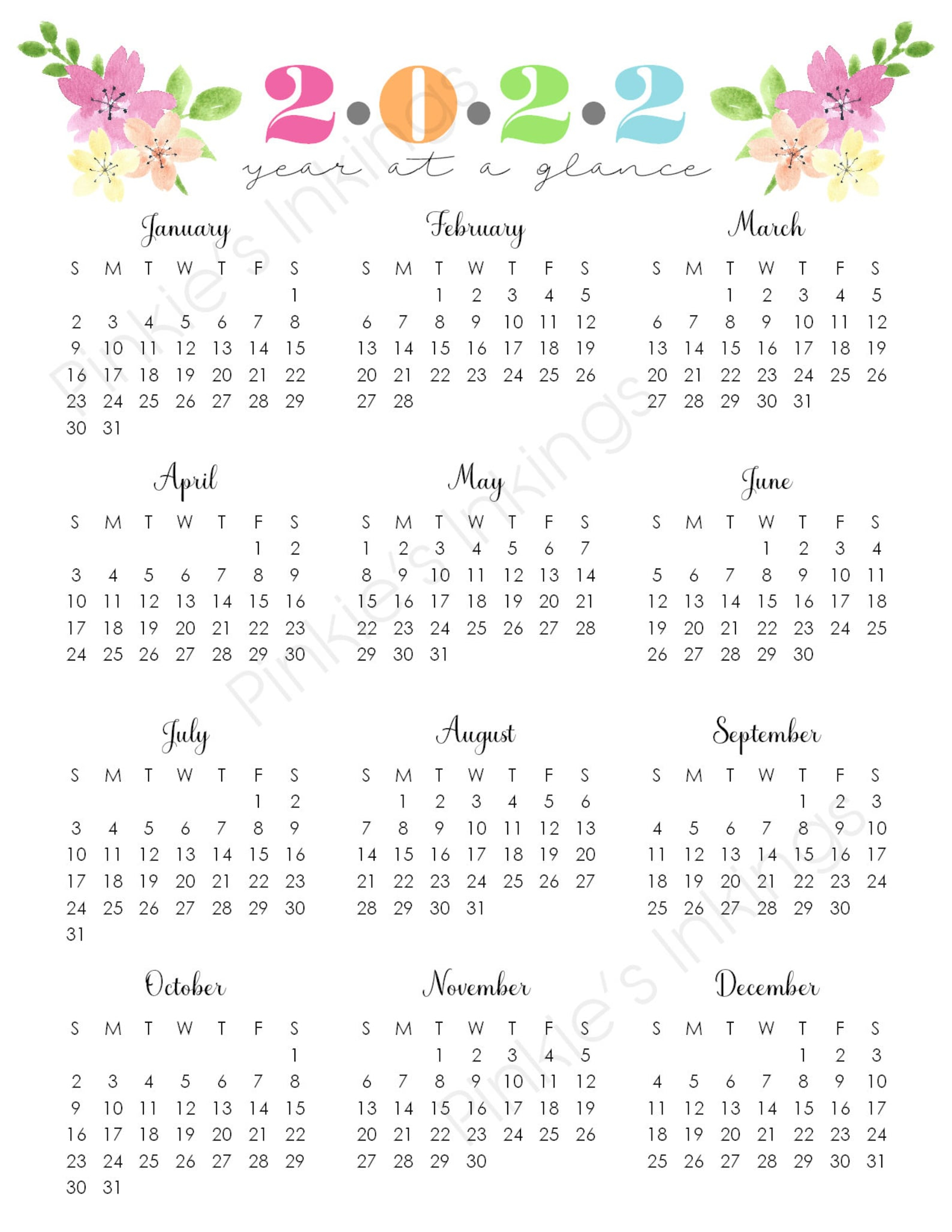 Printable 2022 Year At A Glance 8 5x11 Wall Etsy Free Nude Porn Photos