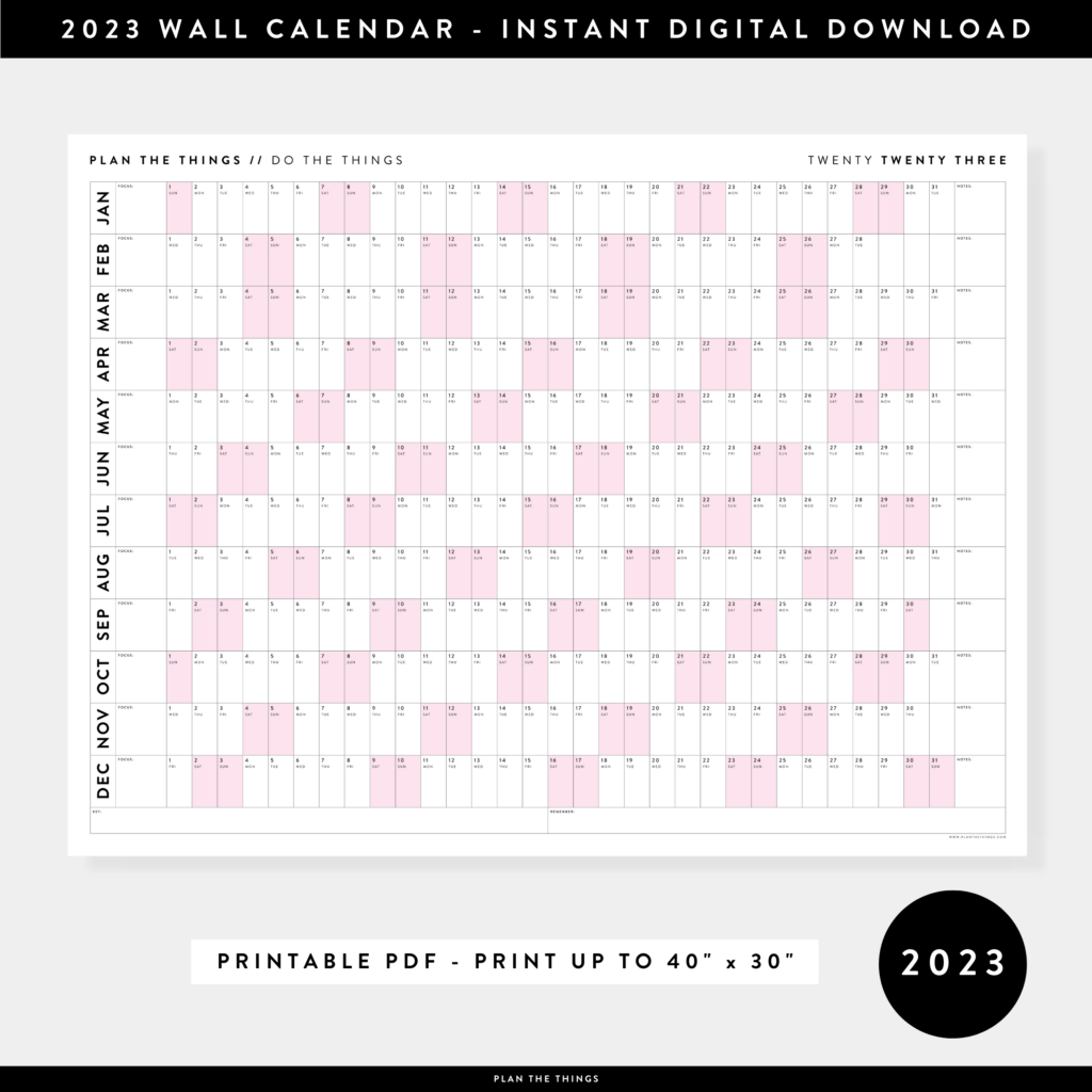 PRINTABLE HORIZONTAL 2023 WALL CALENDAR WITH PINK WEEKENDS INSTANT 