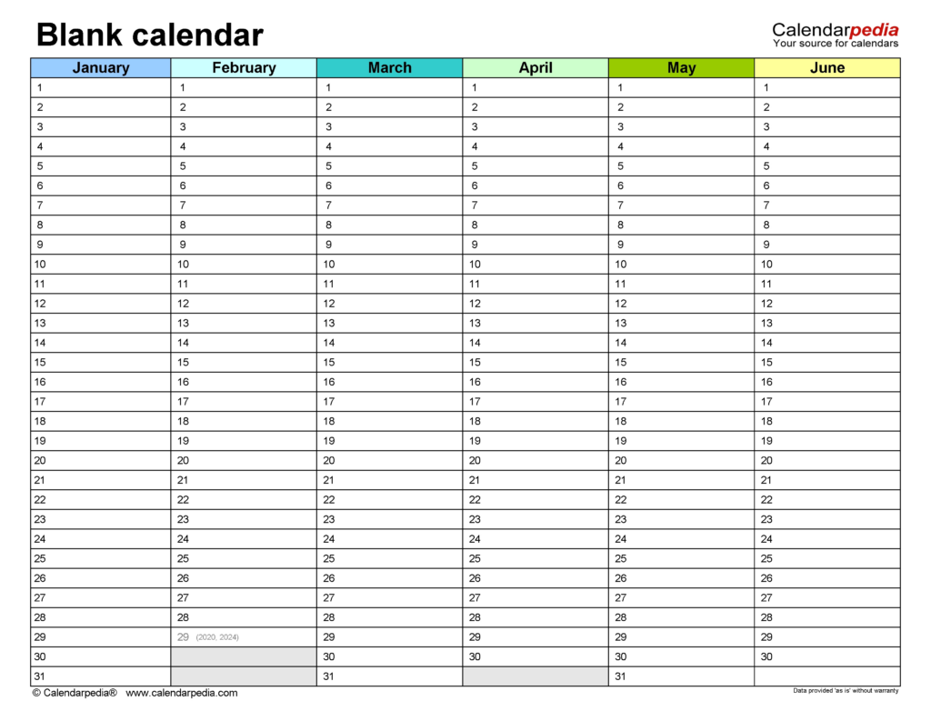 Printable Template For Blank 2020 Year At A Glance Calendar Calendar 