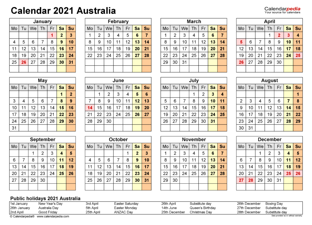 Printable Yearly Calendar 2021 Australia