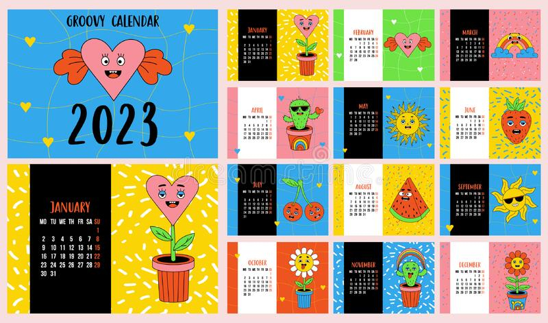 Retro Groovy Calendar Template 2023 With Cartoon Funny Characters