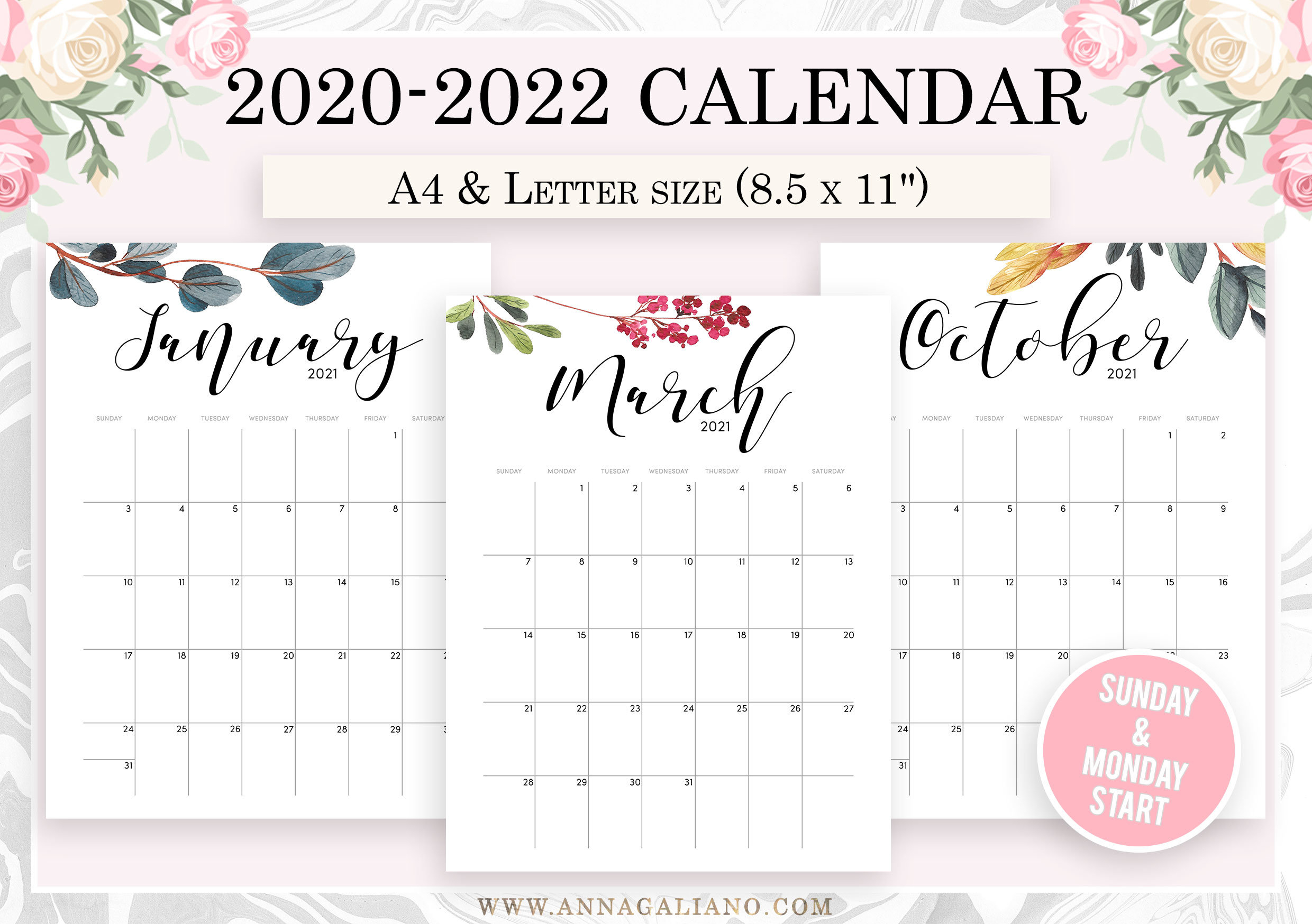 Wall Calendar Printable 2020 2021 2022 Wall Calendar Etsy