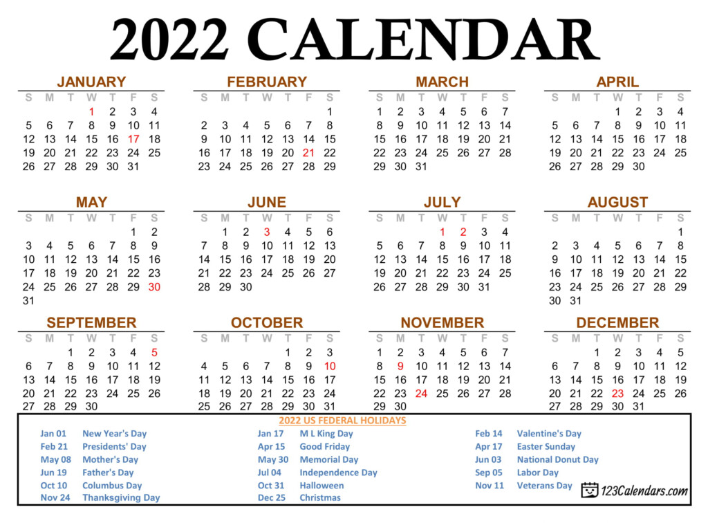 Year 2022 Calendar Templates 123Calendars