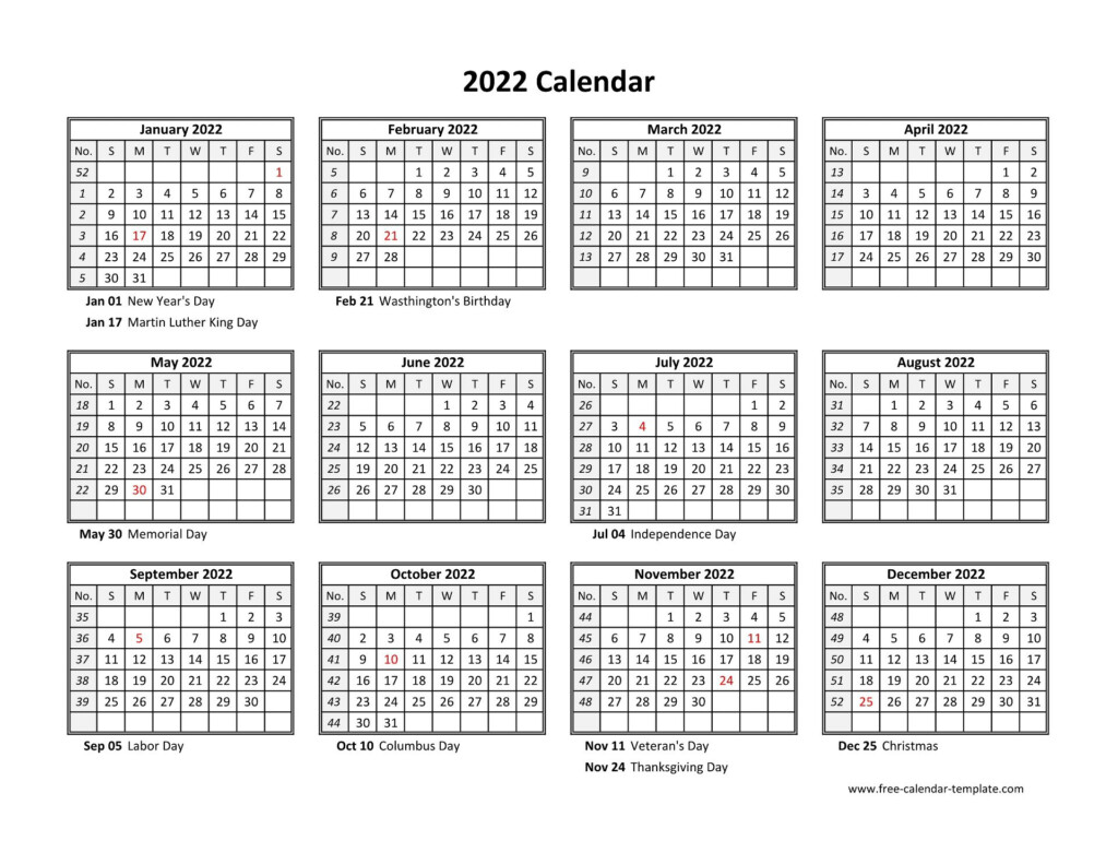 Yearly Calendar 2022 Printable With Federal Holidays Free calendar 