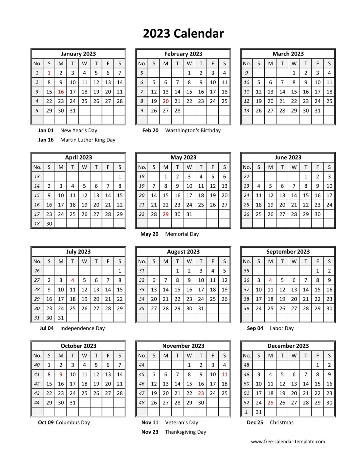 Free Yearly Printable Calendar With Holidays - YearlyCalendars.net