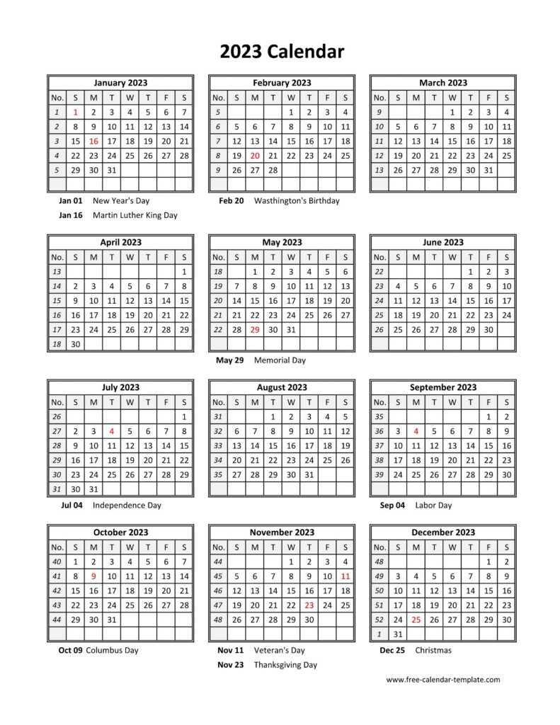 Yearly Printable Calendar 2023 With Holidays Free calendar template